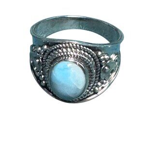 Sterling Silver Oval Larimar Statement Ring With Intricate Detailing